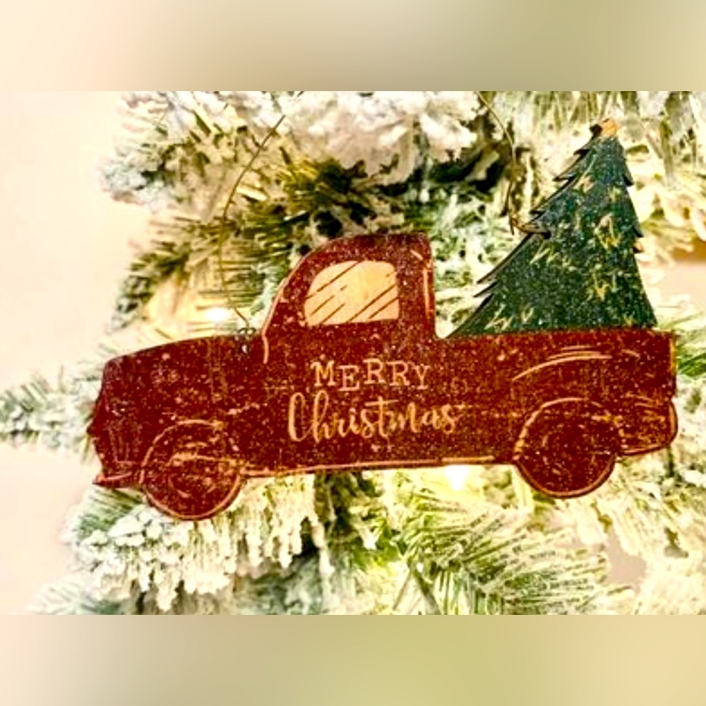 *Glittered Wood Merry Christmas Red Truck Ornament